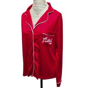 Kate Spade Red " All Dolled Up " Front Pocket Long Sleeve Soft Pajama Shirt Top